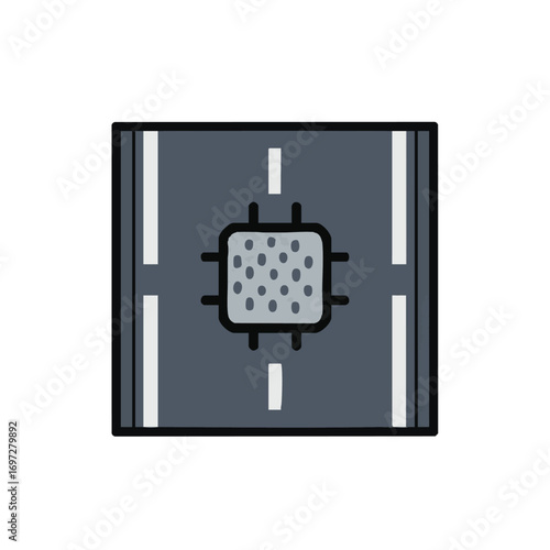 This minimalist graphic illustrates a central processing unit embedded within a road, representing advanced smart city infrastructure and intelligent transportation systems.