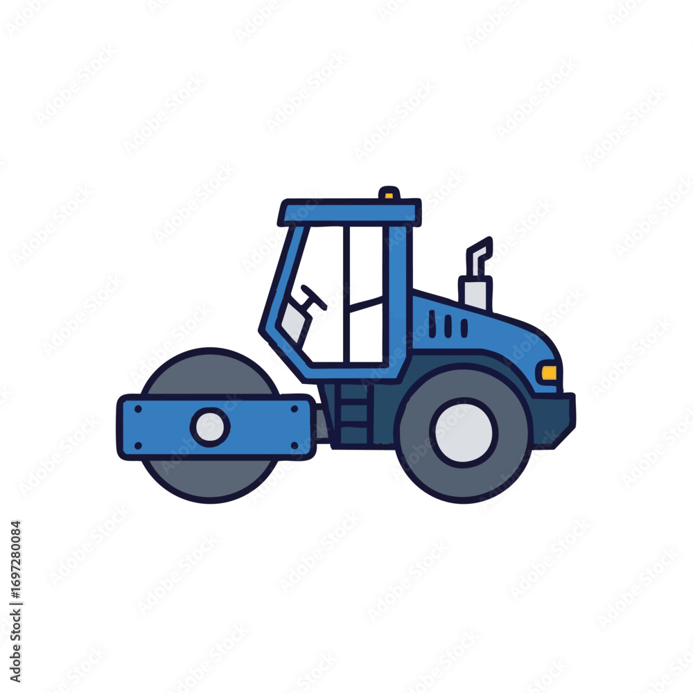 Fototapeta premium A vibrant blue road roller, depicted in a clean, modern flat design style, ready for construction and heavy-duty road work.