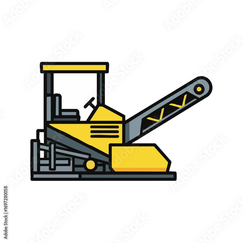 A modern flat line icon illustration of a yellow asphalt paver machine, crucial for road construction and maintenance, presented on a clean white background.