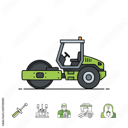 A vibrant green road roller, depicted in a clean, modern flat line art style, stands ready for heavy-duty construction and paving work.