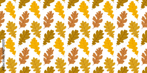 Seamless autumn pattern with colorful oak leaves. Flat vector illustration in warm fall tones. Repeating background for design, textiles, and seasonal themes.