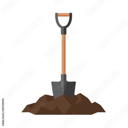 A sturdy wooden-handled shovel with a dark metal blade is firmly planted in a fresh pile of rich brown earth, ready for gardening or construction work.