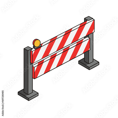 A clear isometric illustration of a red and white striped construction barrier with a yellow warning light, signifying a restricted area or ongoing road work.