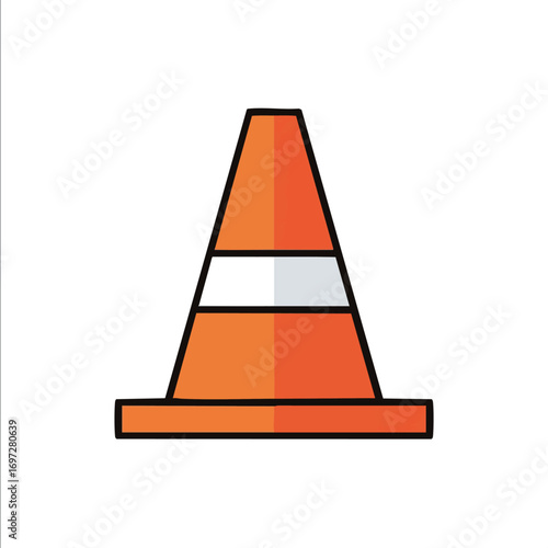 A vibrant orange traffic cone with a distinctive white reflective stripe stands prominently, symbolizing caution, road work, and construction safety.