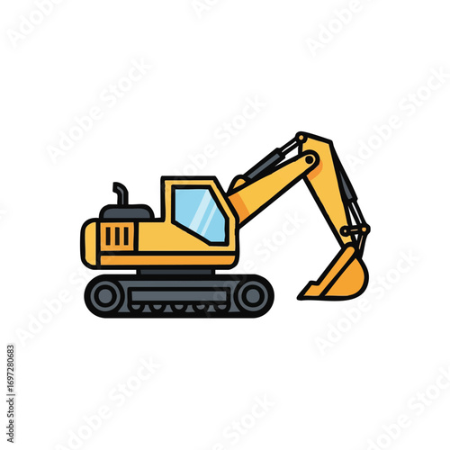 A vibrant yellow excavator, a powerful piece of heavy construction machinery, is depicted in a clean, isolated vector illustration, ideal for industrial digging.