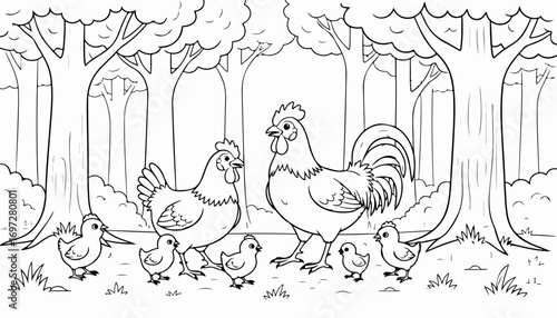 Cartoon illustration of a rooster, hen, and several chicks standing together in a forest setting.