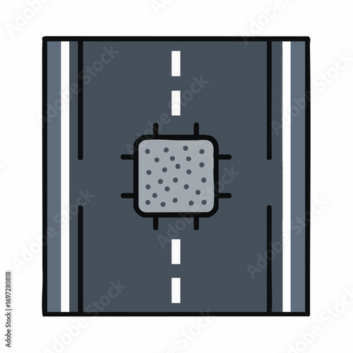 An illustrative icon depicting a damaged road surface with a visible pothole or a patched repair in the middle of a two-lane street.