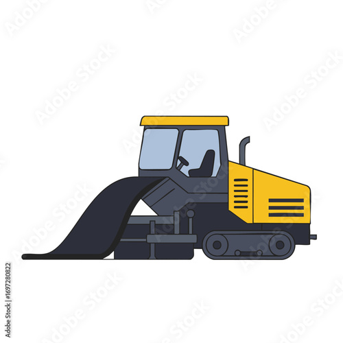 This isolated vector illustration showcases a yellow and dark grey asphalt paver, a vital piece of heavy machinery for modern road construction.