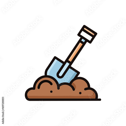 A simple, colorful illustration depicts a shovel digging into a mound of brown earth, symbolizing gardening, construction, or excavation work.