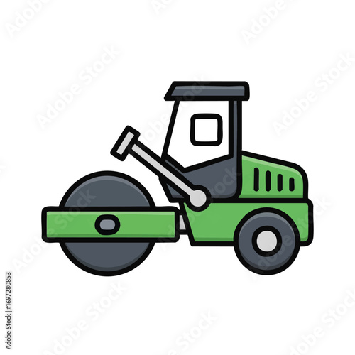 A charming green road roller illustration, depicting heavy construction machinery used for compacting surfaces in an easy-to-understand cartoon style.