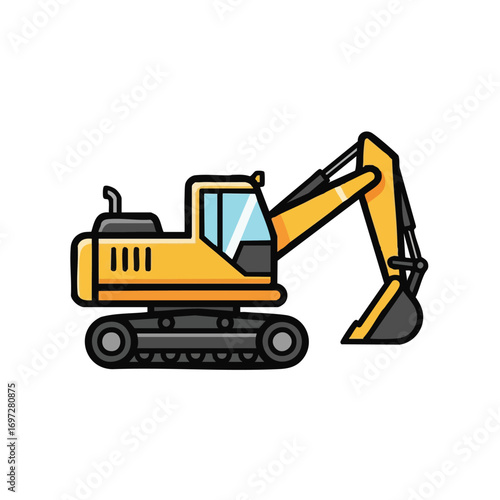This clean vector illustration features a bright yellow cartoon excavator, a powerful piece of heavy construction machinery, ideal for earthmoving and digging.