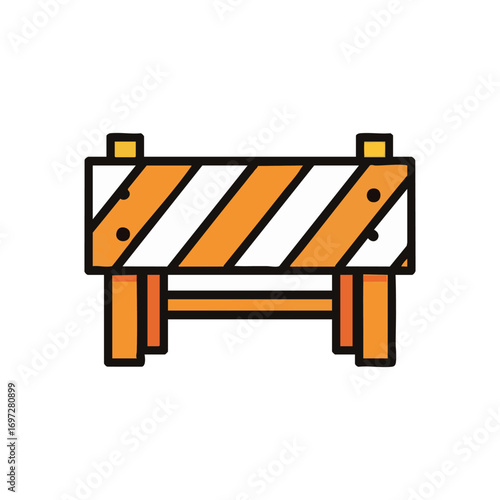 A crisp, colorful cartoon icon illustrates a classic orange and white striped construction barrier, representing road work, caution, and temporary obstruction.