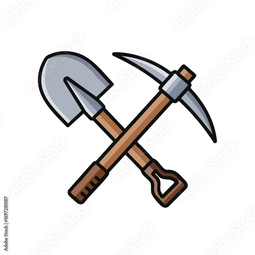 A simple, colorful illustration depicts a classic crossed shovel and pickaxe, symbolizing hard work, construction, mining, and manual labor.