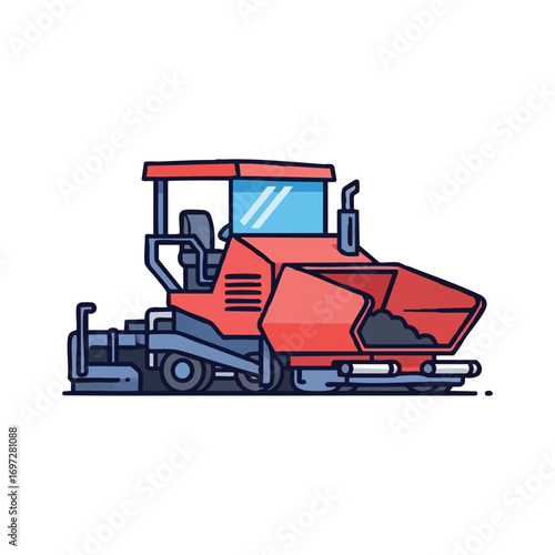 An eye-catching cartoon illustration presents a robust red asphalt paver, a vital piece of heavy construction equipment used in building and repairing modern roadways.