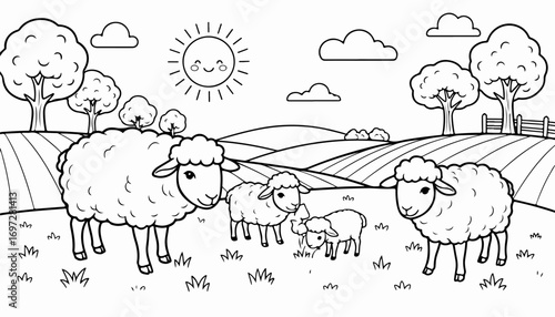 A black and white illustration of a sheep family in a field with trees, hills, a fence, clouds, and a smiling sun.