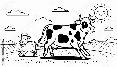 A cartoon illustration of a cow and calf running in a field under a smiling sun and fluffy clouds.