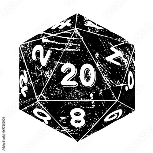 Vector Black polyhedral die displaying the number twenty a gaming element.