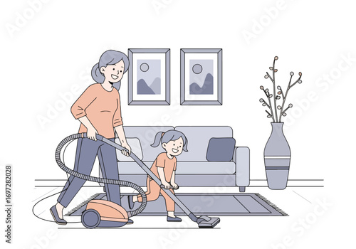 Adobe illustrator artwork vector illustration. A joyful mother vacuums the living room while her young daughter happily rides on the vacuum cleaner. A heartwarming scene of family life