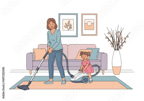 Adobe illustrator artwork vector illustration. A joyful mother vacuums the living room while her young daughter happily rides on the vacuum cleaner. A heartwarming scene of family life