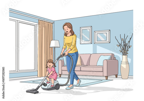 Adobe illustrator artwork vector illustration. A joyful mother vacuums the living room while her young daughter happily rides on the vacuum cleaner. A heartwarming scene of family life