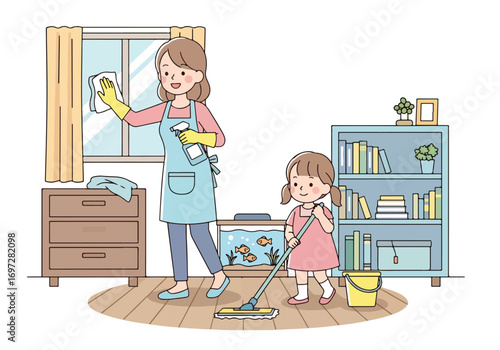 Adobe illustrator artwork vector illustration. A joyful mother vacuums the living room while her young daughter happily rides on the vacuum cleaner. A heartwarming scene of family life