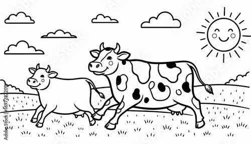 Two cows graze in a field under a smiling sun and fluffy clouds, depicted in a simple black and white line drawing.