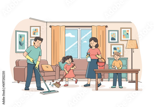 Adobe illustrator artwork vector illustration. A joyful mother vacuums the living room while her young daughter happily rides on the vacuum cleaner. A heartwarming scene of family life