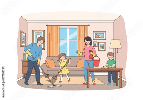 Adobe illustrator artwork vector illustration. A joyful mother vacuums the living room while her young daughter happily rides on the vacuum cleaner. A heartwarming scene of family life