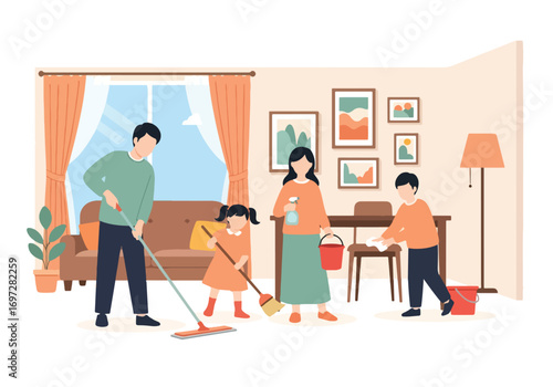 Adobe illustrator artwork vector illustration. A joyful mother vacuums the living room while her young daughter happily rides on the vacuum cleaner. A heartwarming scene of family life