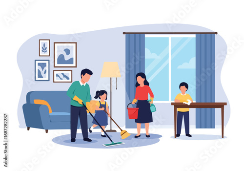 Adobe illustrator artwork vector illustration. A joyful mother vacuums the living room while her young daughter happily rides on the vacuum cleaner. A heartwarming scene of family life