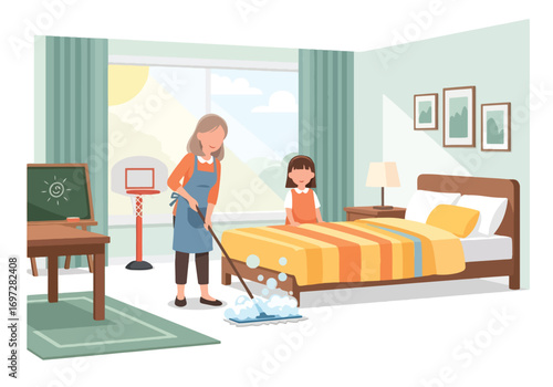 Adobe illustrator artwork vector illustration. A joyful mother vacuums the living room while her young daughter happily rides on the vacuum cleaner. A heartwarming scene of family life