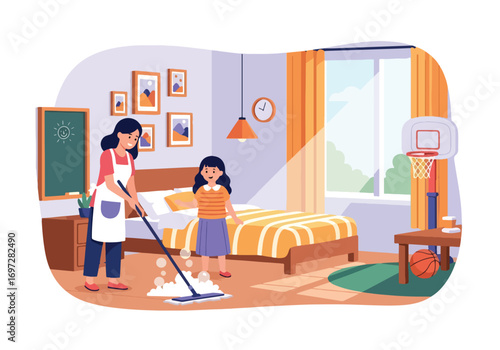 Adobe illustrator artwork vector illustration. A joyful mother vacuums the living room while her young daughter happily rides on the vacuum cleaner. A heartwarming scene of family life