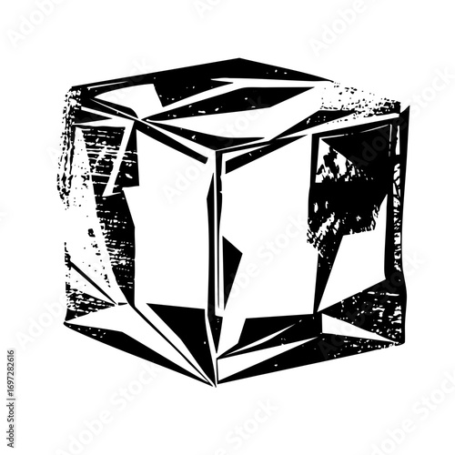 Vector Abstract fractured cube in monochrome style.