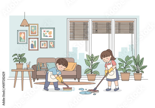 Adobe illustrator artwork vector illustration. Two children, a boy and a girl, diligently clean the living room. A charming illustration of kids learning responsibility & helping with household cores