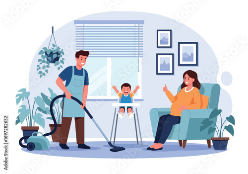 Adobe illustrator artwork vector illustration. A joyful mother vacuums the living room while her young daughter happily rides on the vacuum cleaner. A heartwarming scene of family life