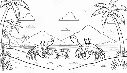 Three crabs stand on a tropical beach with palm trees, mountains, and clouds in the background, presented as a line art illustration.