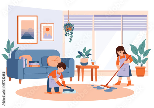 Adobe illustrator artwork vector illustration. Two children, a boy and a girl, diligently clean the living room. A charming illustration of kids learning responsibility & helping with household cores