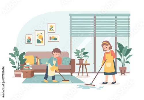 Adobe illustrator artwork vector illustration. Two children, a boy and a girl, diligently clean the living room. A charming illustration of kids learning responsibility & helping with household cores