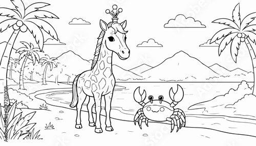 A giraffe wearing a crown stands next to a smiling crab on a tropical beach with palm trees and mountains in the background.