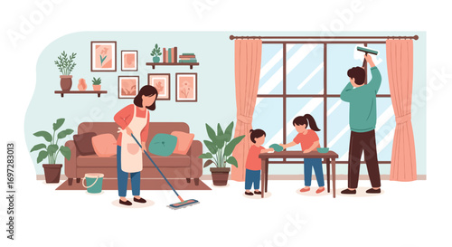 Adobe illustrator artwork vector illustration. A family-parents, children, and a cat-works together in a modern kitchen. A warm scene of shared chores, family bonding, and a happy home