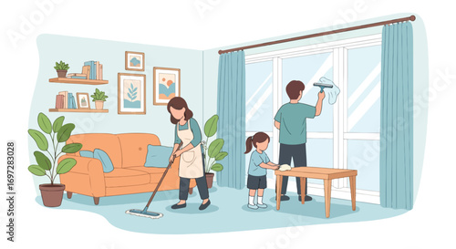 Adobe illustrator artwork vector illustration. A family-parents, children, and a cat-works together in a modern kitchen. A warm scene of shared chores, family bonding, and a happy home