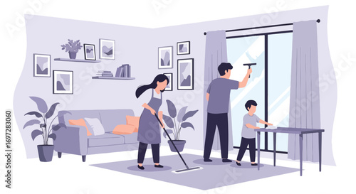 Adobe illustrator artwork vector illustration. A family-parents, children, and a cat-works together in a modern kitchen. A warm scene of shared chores, family bonding, and a happy home