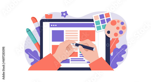 Creative Hand Using Digital Tablet with Design Tools for Content Creation