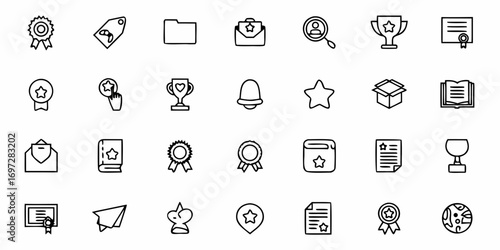 Collection of outline icons featuring awards, documents, and various other office related objects
