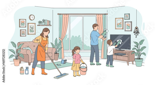 Adobe illustrator artwork vector illustration. A family-parents, children, and a cat-works together in a modern kitchen. A warm scene of shared chores, family bonding, and a happy home