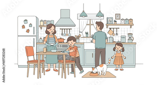 Adobe illustrator artwork vector illustration. A family-parents, children, and a cat-works together in a modern kitchen. A warm scene of shared chores, family bonding, and a happy home