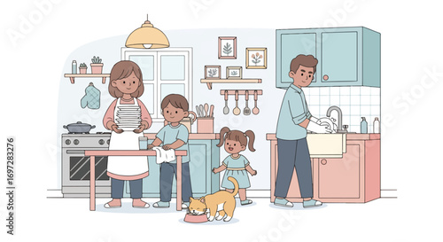 Adobe illustrator artwork vector illustration. A family-parents, children, and a cat-works together in a modern kitchen. A warm scene of shared chores, family bonding, and a happy home