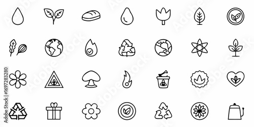 Collection of ecological and environmental icons featuring plants, water, recycling, and nature elements