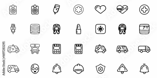 Illustration featuring medical equipment, vehicles, safety gear and symbols in a doodle style format
