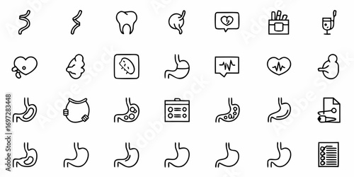 Collection of medical icons representing human anatomy and health related subjects in black outline style
